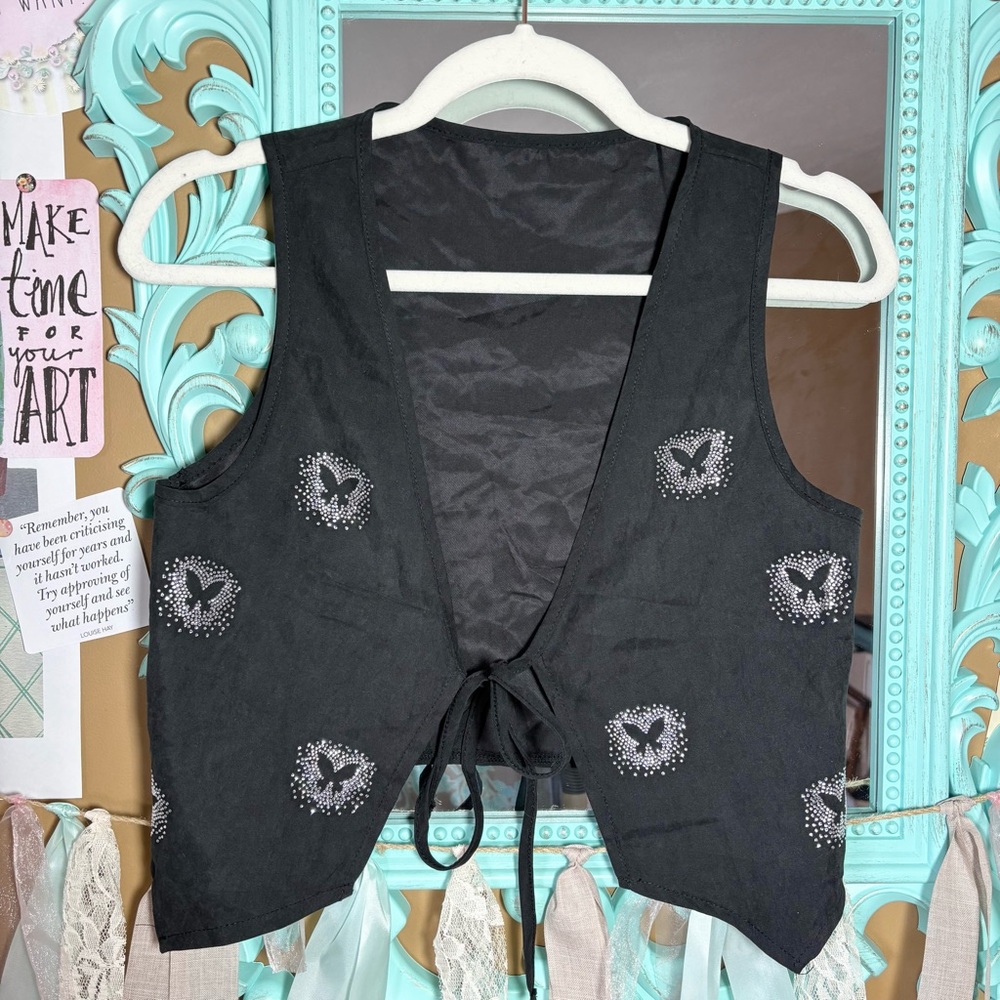 Black Rhinestone Butterfly Tie Front Vest Womens XS US 2 Whimsigoth Fairy Grunge